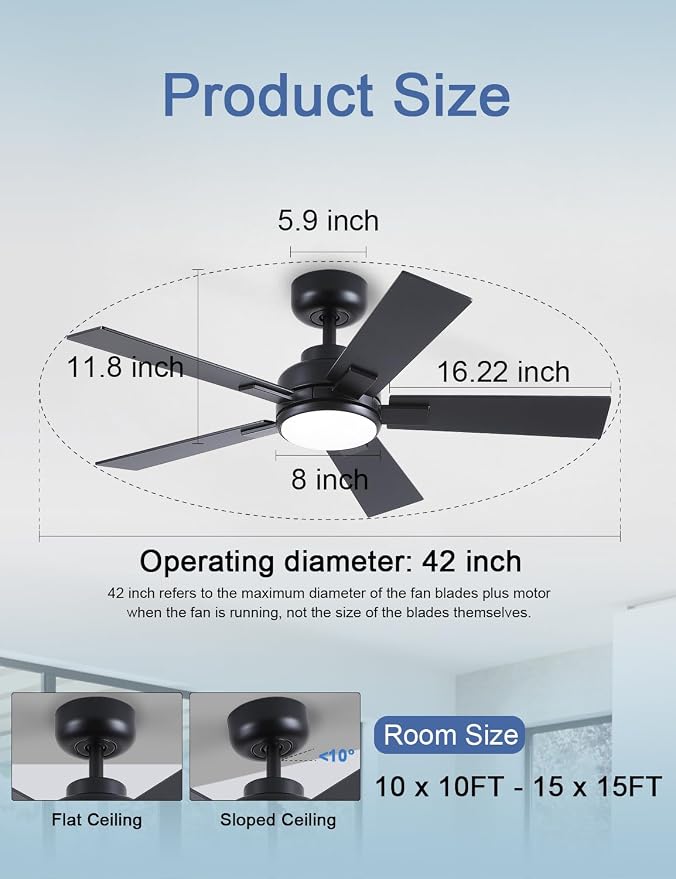 Modern Ceiling Fans with Lights - 42 inch Black Outdoor Ceiling Fan with Light and Remote, Reversible DC Motor, 6-Speed Quiet