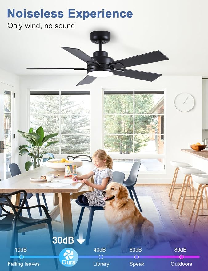 Modern Ceiling Fans with Lights - 42 inch Black Outdoor Ceiling Fan with Light and Remote, Reversible DC Motor, 6-Speed Quiet