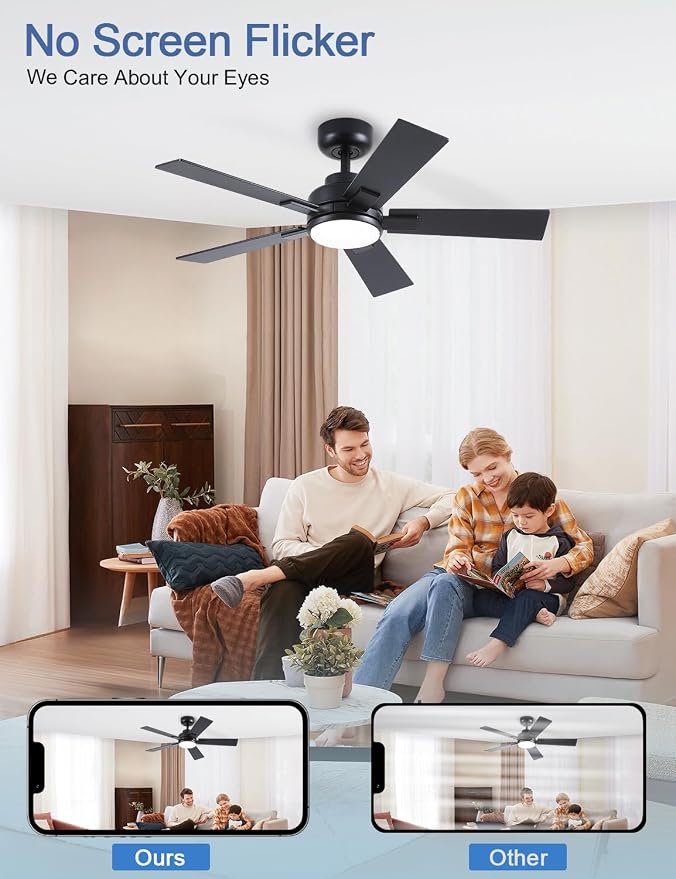 Modern Ceiling Fans with Lights - 42 inch Black Outdoor Ceiling Fan with Light and Remote, Reversible DC Motor, 6-Speed Quiet