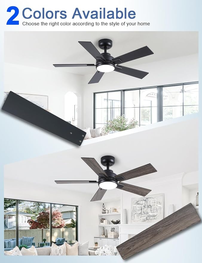 Modern Ceiling Fans with Lights - 42 inch Black Outdoor Ceiling Fan with Light and Remote, Reversible DC Motor, 6-Speed Quiet