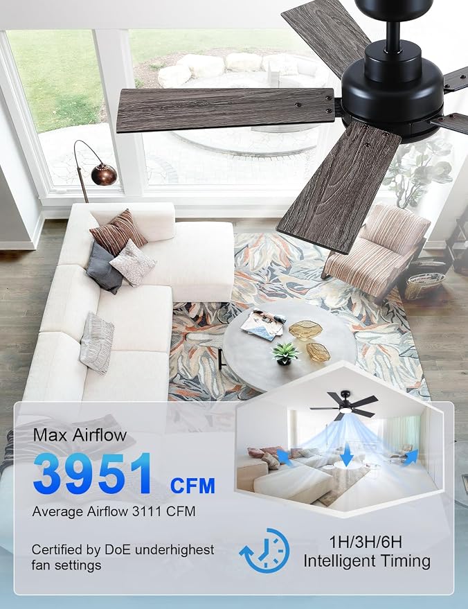 Modern Ceiling Fans with Lights - 42 inch Black Outdoor Ceiling Fan with Light and Remote, Reversible DC Motor, 6-Speed Quiet