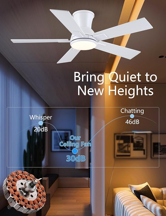 Modern Ceiling Fans with Lights - 42" Low Profile Ceiling Fan with Light and Remote, Flush Mount Reversible DC Motor, 6-Speed