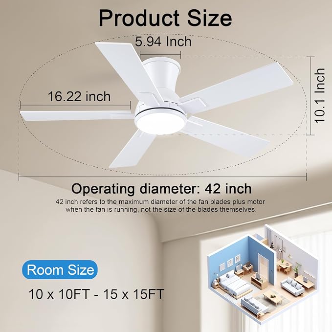 Modern Ceiling Fans with Lights - 42" Low Profile Ceiling Fan with Light and Remote, Flush Mount Reversible DC Motor, 6-Speed