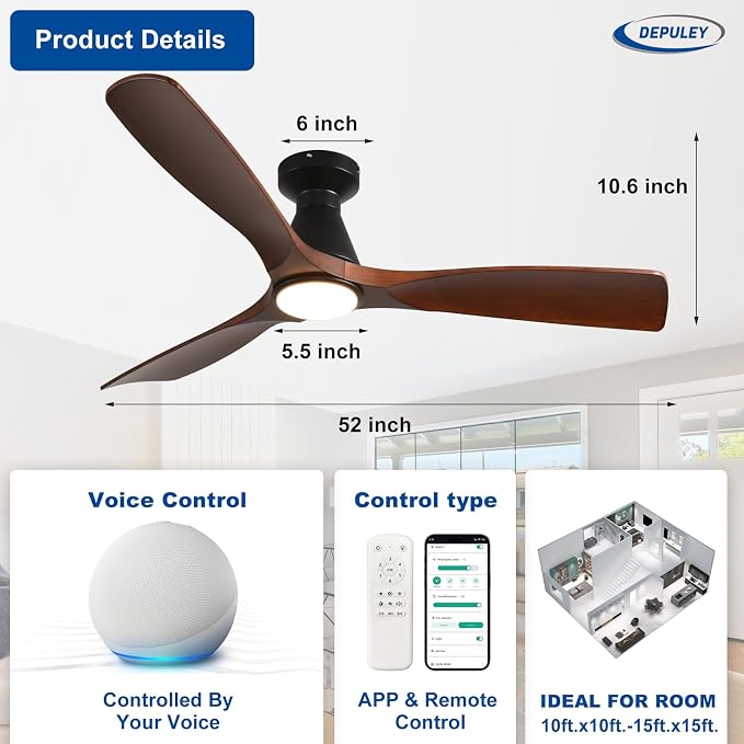 Modern Ceiling Fans with Lights: 52 In Smart Low Profile Ceiling Fan with Voice Alex APP Remote Control for Bedroom Living