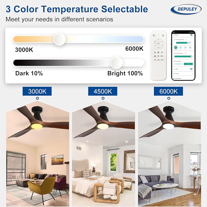 Modern Ceiling Fans with Lights: 52 In Smart Low Profile Ceiling Fan with Voice Alex APP Remote Control for Bedroom Living