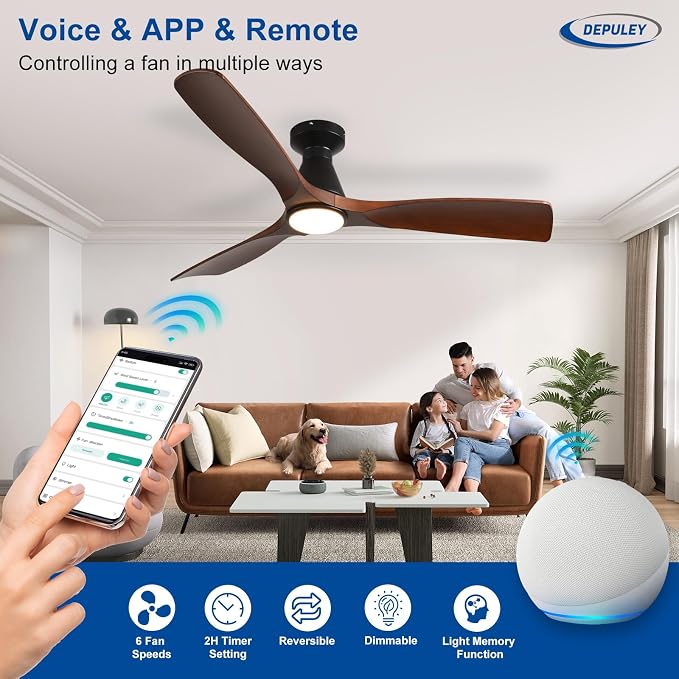 Modern Ceiling Fans with Lights: 52 In Smart Low Profile Ceiling Fan with Voice Alex APP Remote Control for Bedroom Living