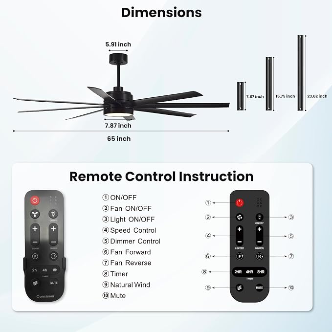 Modern Ceiling Fans with Lights, 65 Inch Ceiling Fan with Light and Remote for Bedroom Living Room Kitchen Office