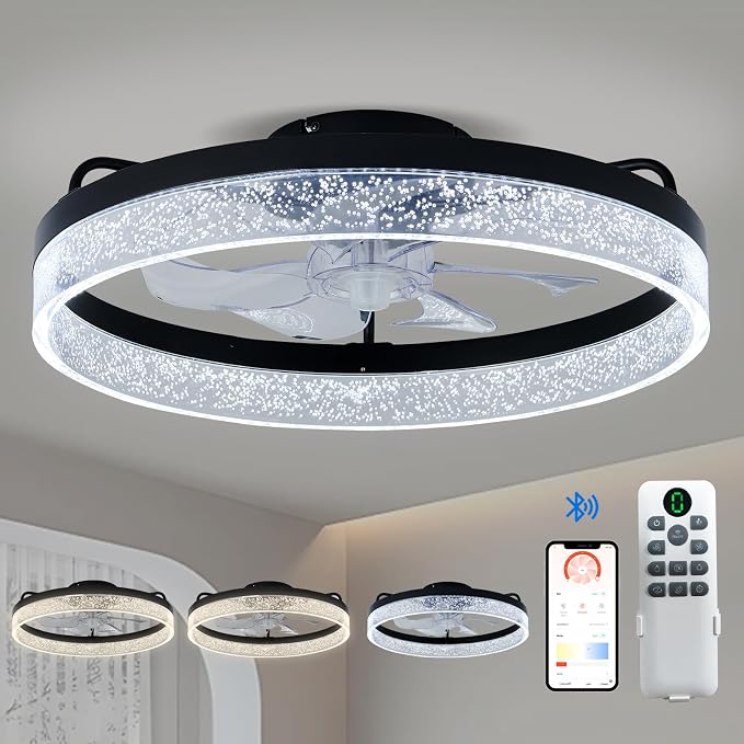 Modern Ceiling Fans with Lights and Remote,20" Low Profile Ceiling Fan with Light,7 Blades Flush Mount Ceiling Fan with