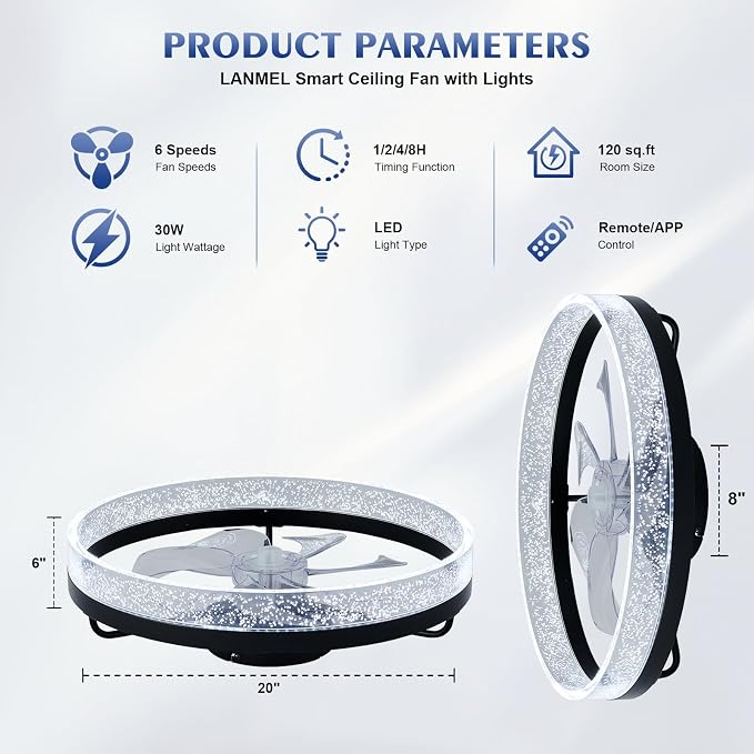 Modern Ceiling Fans with Lights and Remote,20" Low Profile Ceiling Fan with Light,7 Blades Flush Mount Ceiling Fan with