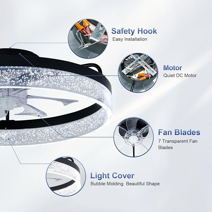 Modern Ceiling Fans with Lights and Remote,20" Low Profile Ceiling Fan with Light,7 Blades Flush Mount Ceiling Fan with