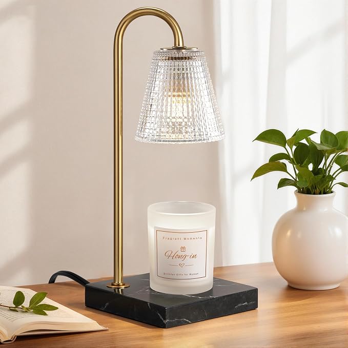 Modern Gold Candle Warmer Lamp with Black Marble Base, Glass Shade Electric Candle Melter for Scented Candles, Stylish Home