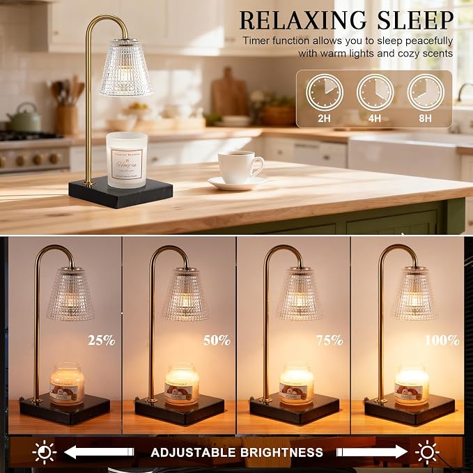 Modern Gold Candle Warmer Lamp with Black Marble Base, Glass Shade Electric Candle Melter for Scented Candles, Stylish Home