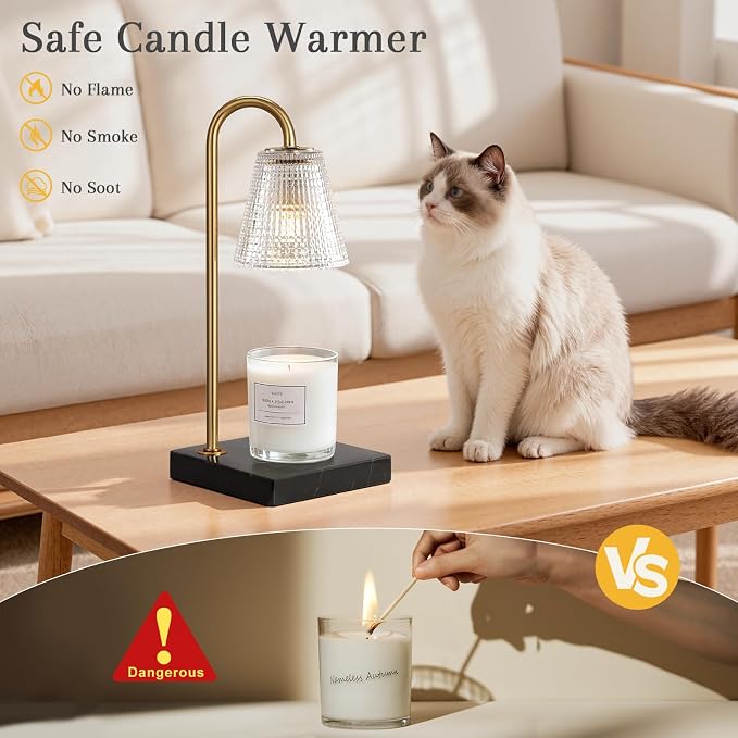 Modern Gold Candle Warmer Lamp with Black Marble Base, Glass Shade Electric Candle Melter for Scented Candles, Stylish Home