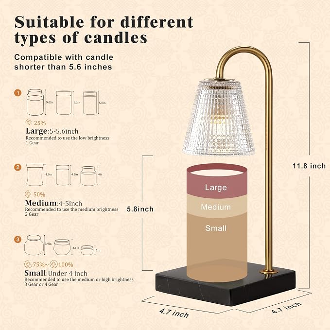 Modern Gold Candle Warmer Lamp with Black Marble Base, Glass Shade Electric Candle Melter for Scented Candles, Stylish Home