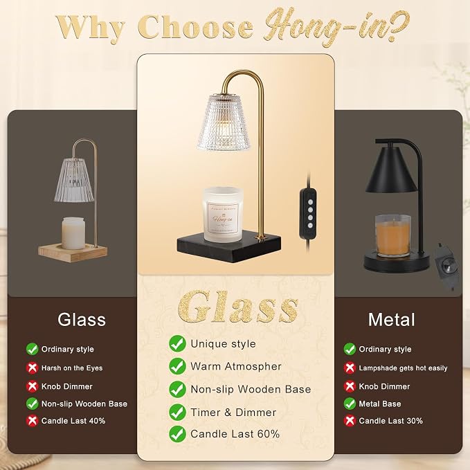 Modern Gold Candle Warmer Lamp with Black Marble Base, Glass Shade Electric Candle Melter for Scented Candles, Stylish Home