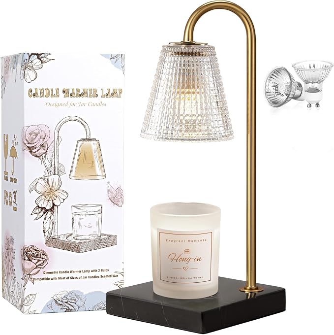 Modern Gold Candle Warmer Lamp with Black Marble Base, Glass Shade Electric Candle Melter for Scented Candles, Stylish Home