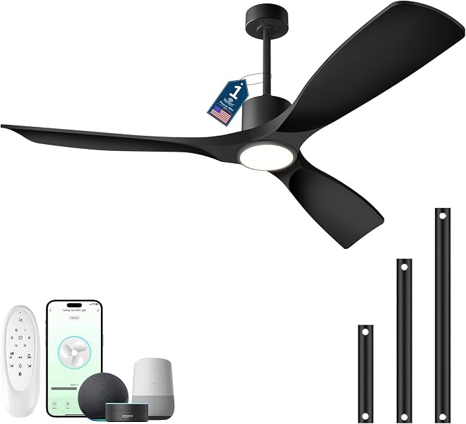Modern Smart Ceiling Fan with Light and Remote Control, 52 inch Black 3 Blade for Bedroom, Living Room and Patios, product