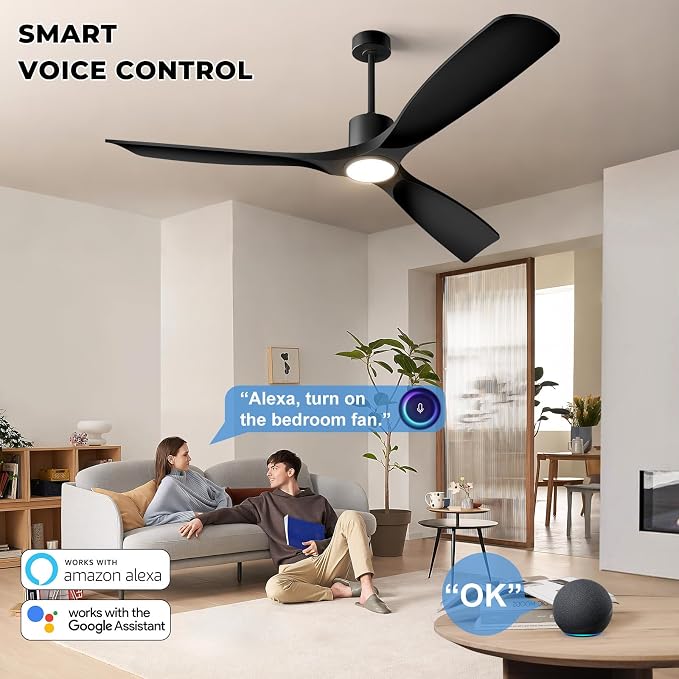 Modern Smart Ceiling Fan with Light and Remote Control, 52 inch Black 3 Blade for Bedroom, Living Room and Patios, alternate