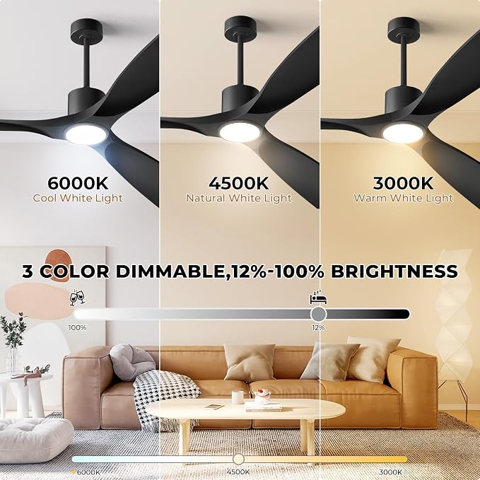 Modern Smart Ceiling Fan with Light and Remote Control, 52 inch Black 3 Blade for Bedroom, Living Room and Patios, alternate