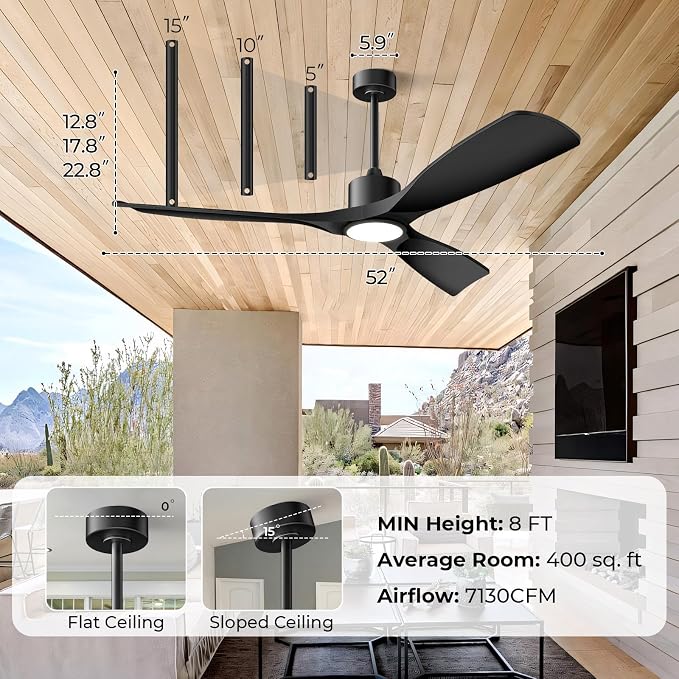 Modern Smart Ceiling Fan with Light and Remote Control, 52 inch Black 3 Blade for Bedroom, Living Room and Patios, alternate
