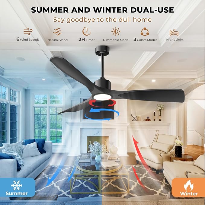 Modern Smart Ceiling Fan with Light and Remote Control, 52 inch Black 3 Blade for Bedroom, Living Room and Patios, alternate