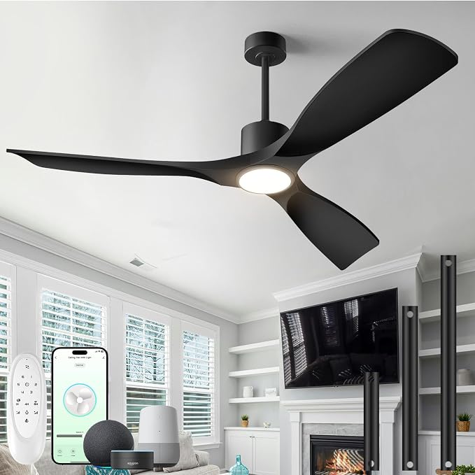 Modern Smart Ceiling Fan with Light and Remote Control, 52 inch Black 3 Blade for Bedroom, Living Room and Patios, alternate