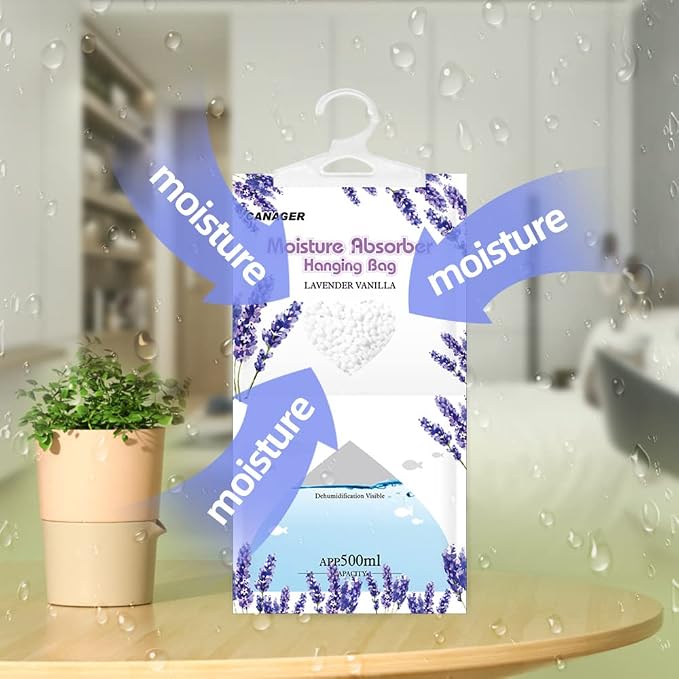 Moisture Absorber -12 Pack,Lavender Vanilla Hanging Humidity Bag,Home,Car, and Closet Dehumidifiers and Deodorizers (12.5OZ)