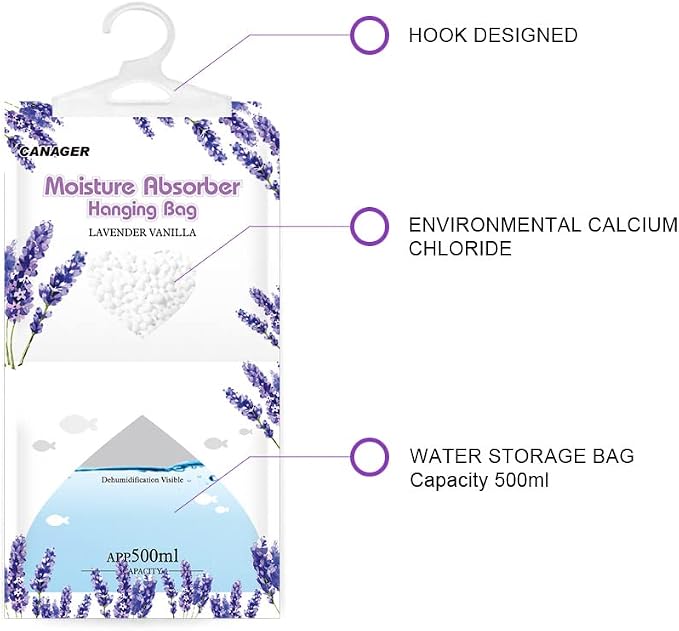 Moisture Absorber -12 Pack,Lavender Vanilla Hanging Humidity Bag,Home,Car, and Closet Dehumidifiers and Deodorizers (12.5OZ)