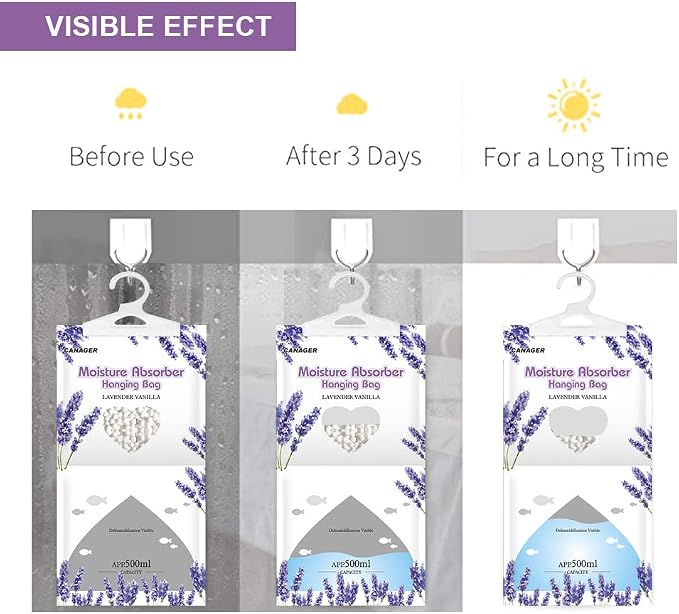 Moisture Absorber -12 Pack,Lavender Vanilla Hanging Humidity Bag,Home,Car, and Closet Dehumidifiers and Deodorizers (12.5OZ)