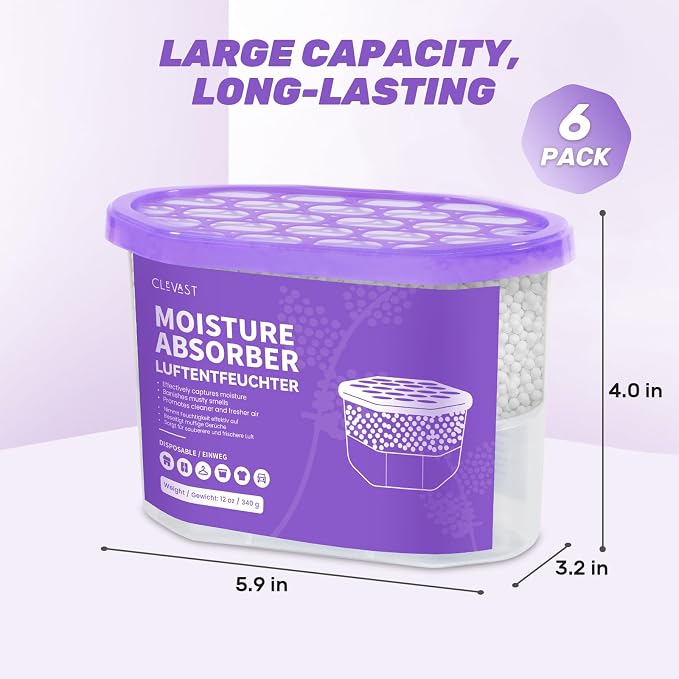 Moisture Absorber Boxes 6 Pack, 12 Oz Dehumidifier for Closet & Bathroom, Humidity Absorber for Wardrobe, Bedroom, RV & Car