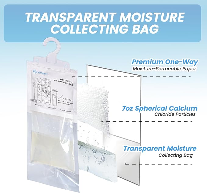 Moisture Absorber Hanging Bags 12 Pack - 7 oz Fragrance-Free Dehumidifier for Closet, Bathroom, alternate product view 2