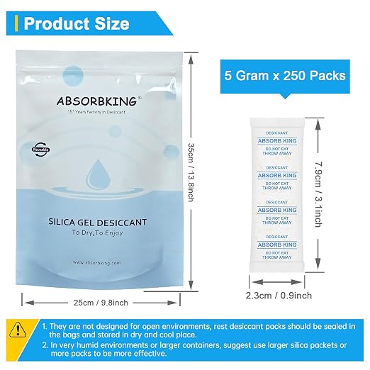 Moisture Absorbers – 250 Packs 5 Gram Silica Gel Packs Food Grade Desiccant Packs, Premium Desiccant Packets for, alternate