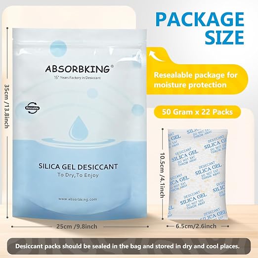 Moisture Absorbers - 50 Gram 22 Packs Silica Gel Packets with Color Indicating, Desiccant Packs for Storage, Food Grade