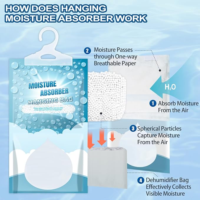Moisture Absorbers Packets - 5 Pack Hanging Moisture Absorbers Dehumidifier Bags for Closet Bathroom Kitchen, Fragrance Free