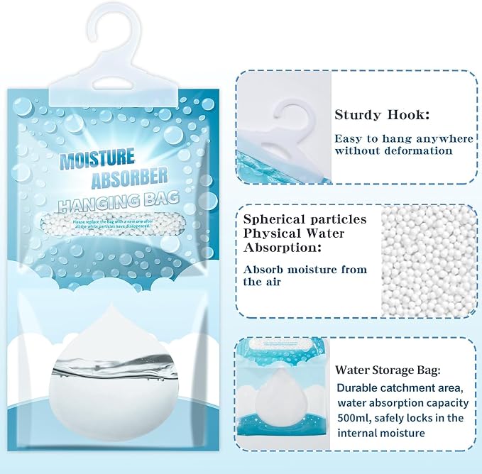 Moisture Absorbers Packets - 5 Pack Hanging Moisture Absorbers Dehumidifier Bags for Closet Bathroom Kitchen, Fragrance Free