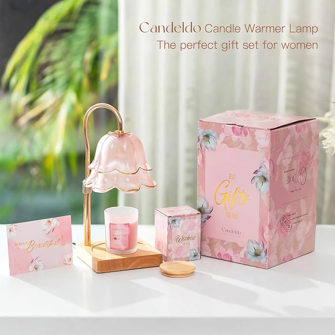 Mom Birthday Gifts for Women: Candle Warmer Lamp with Scented Candles Dimmable Pink Flower Wax Warmer with Timer Mothers Day