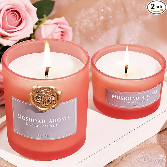 MOSROD Luxury Rose & Agarwood Scented Candles Gift Set, 2 Packs, Natural Soy Romantic Aromatherapy Jar Candle Gift for Her