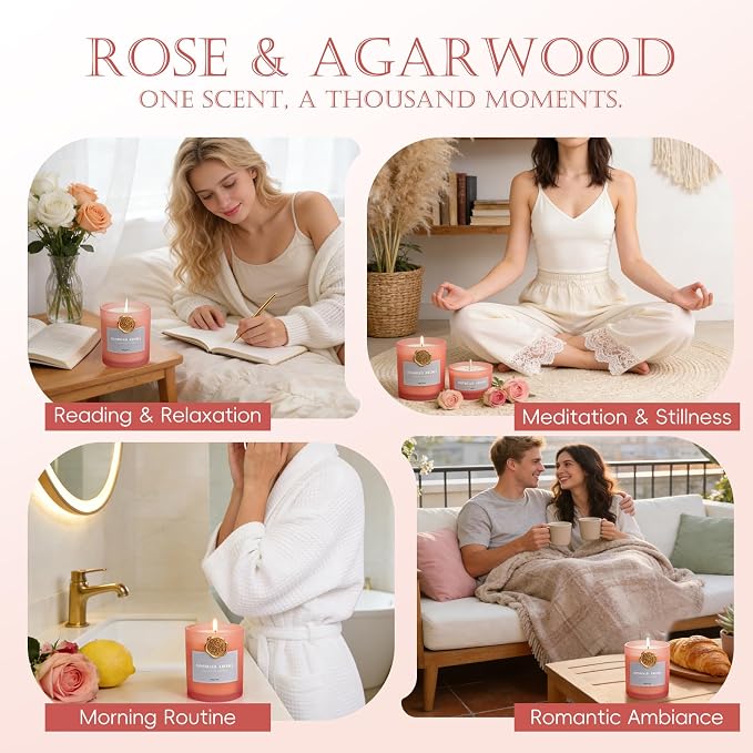MOSROD Luxury Rose & Agarwood Scented Candles Gift Set, 2 Packs, Natural Soy Romantic Aromatherapy Jar Candle Gift for Her