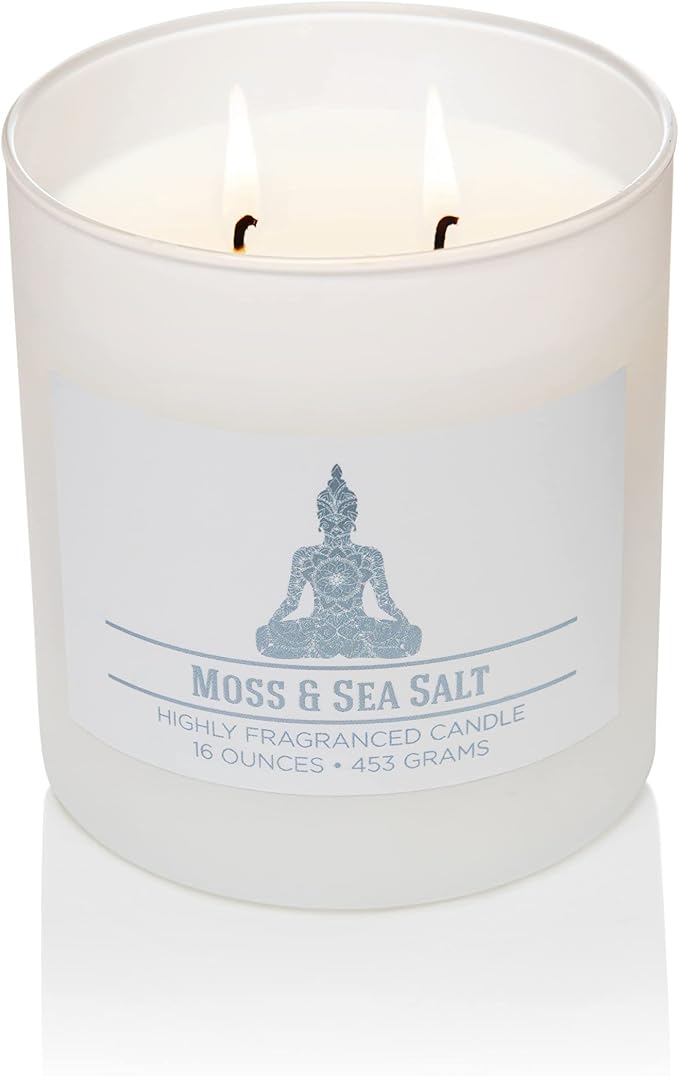 Moss & Sea Salt Scented Candle, 16 oz comfort Relaxing Aromatherapy Candle, 2 Wick White Jar Soy Blend Wax, Candles for Home