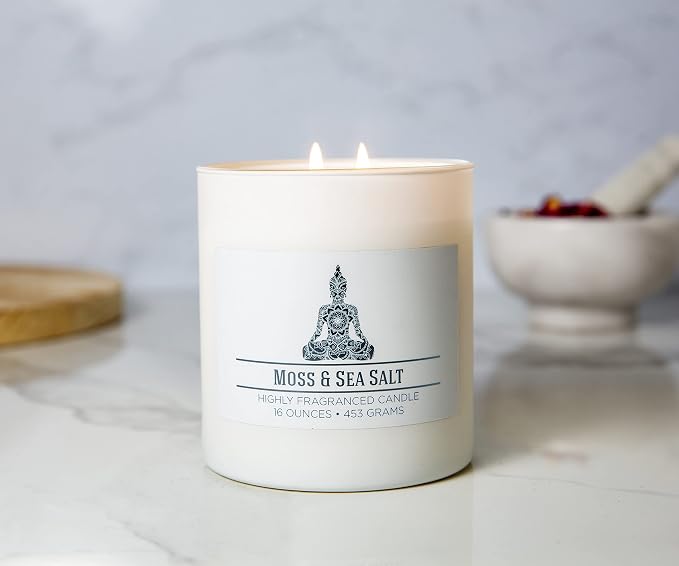 Moss & Sea Salt Scented Candle, 16 oz comfort Relaxing Aromatherapy Candle, 2 Wick White Jar Soy Blend Wax, Candles for Home