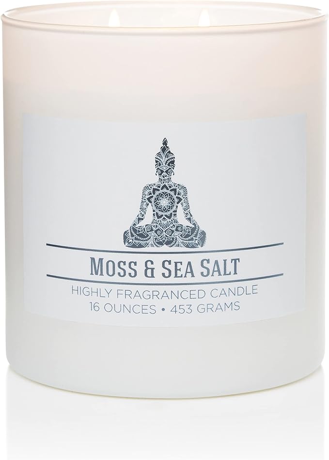 Moss & Sea Salt Scented Candle, 16 oz comfort Relaxing Aromatherapy Candle, 2 Wick White Jar Soy Blend Wax, Candles for Home