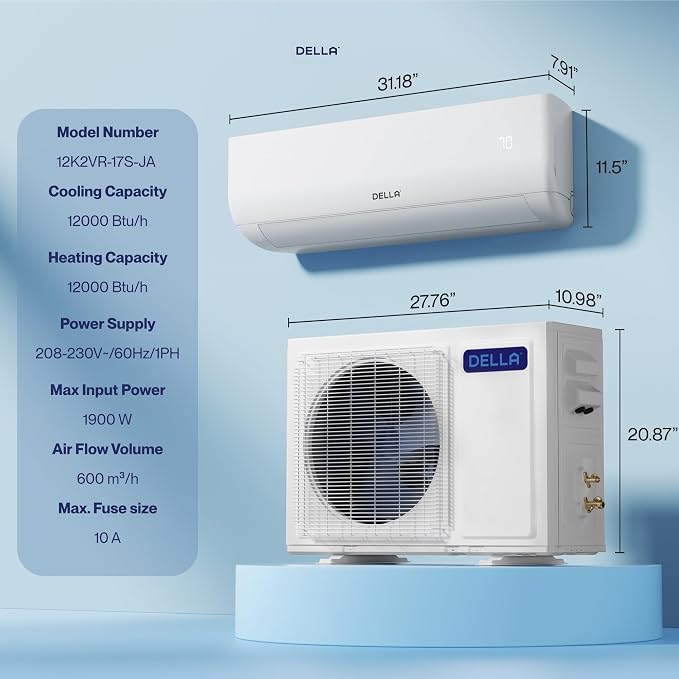 Motto Series Mini Split AC, 208-230V 17.5 SEER2 Cools up to 550 Sq.Ft, 12000 BTU Air Conditioner & Heater with 1 Ton