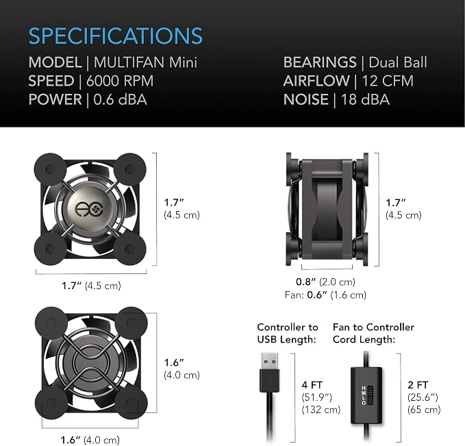 MULTIFAN Mini, Compact 40mm x 20mm USB Fan, UL-Certified for VR Gear, Aquarium, Roku, Router, Raspberry Pi, Cosplay, Helmet