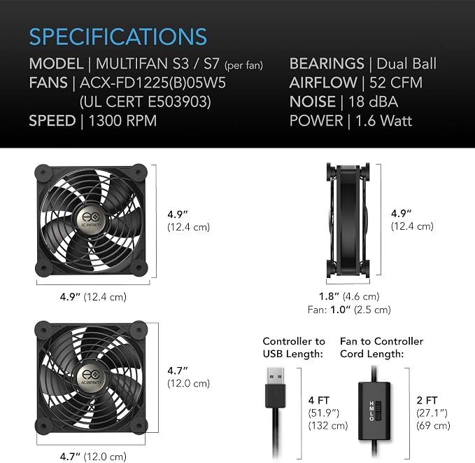MULTIFAN S7, Quiet Dual 120mm USB Fan, UL-Certified for Receiver DVR PlayStation Xbox Computer Cabinet Cooling, alternate