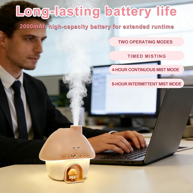 Mushroom House Humidifiers, Rechargeable Desktop Silent Air Humidifier with Night Light, alternate product view 4