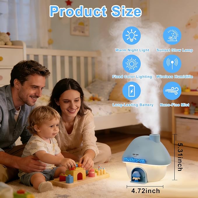 Mushroom House Humidifiers, Rechargeable Desktop Silent Air Humidifier with Night Light, alternate product view 6