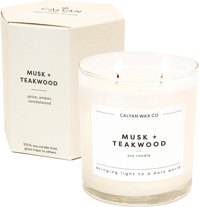 . Musk & Teakwood 2 Wick Scented Candle - 37 Hour Burn - Luxury made from natural materials Soy Wax Candles, product image