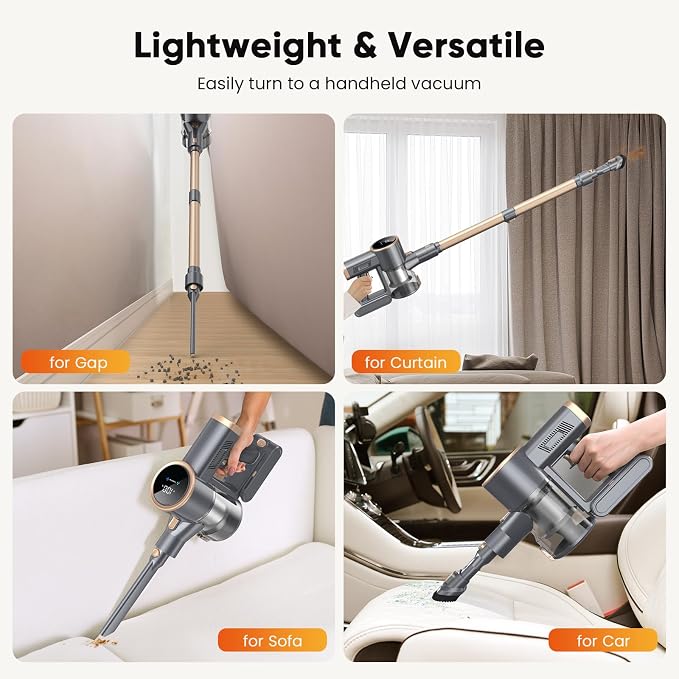 N12S Cordless Vacuum Cleaner, 30KPa Powerful Vacuum with 60 Mins Runtime, Self-Standing, LED Display, Rechargeable