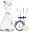 Nano Ionic Face Steamer - Warm Mist Humidifier for Deep Facial Cleansing - 4 Piece Stainless Steel Skin Kit, Hair Band, Wash