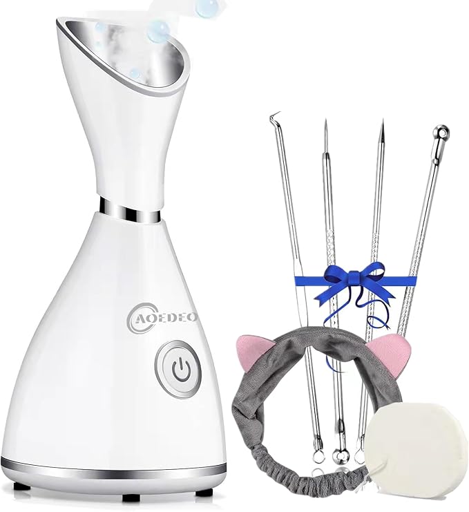 Nano Ionic Face Steamer - Warm Mist Humidifier for Deep Facial Cleansing - 4 Piece Stainless Steel Skin Kit, Hair Band, Wash